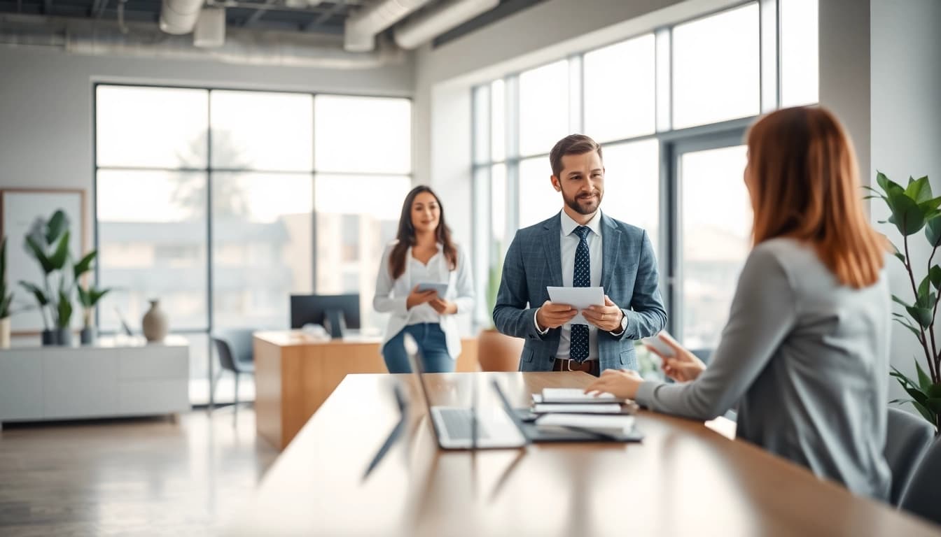Immobilienmakler Frankfurt Eschersheim bei der Beratung von Kunden in einem modernen Büro.
