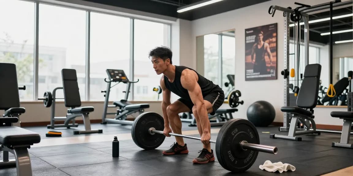 Bodybuilder hebt Gewichte in einem Premium-Fitnesscenter und präsentiert Produkte von Steroidshop für verbesserte Leistung.