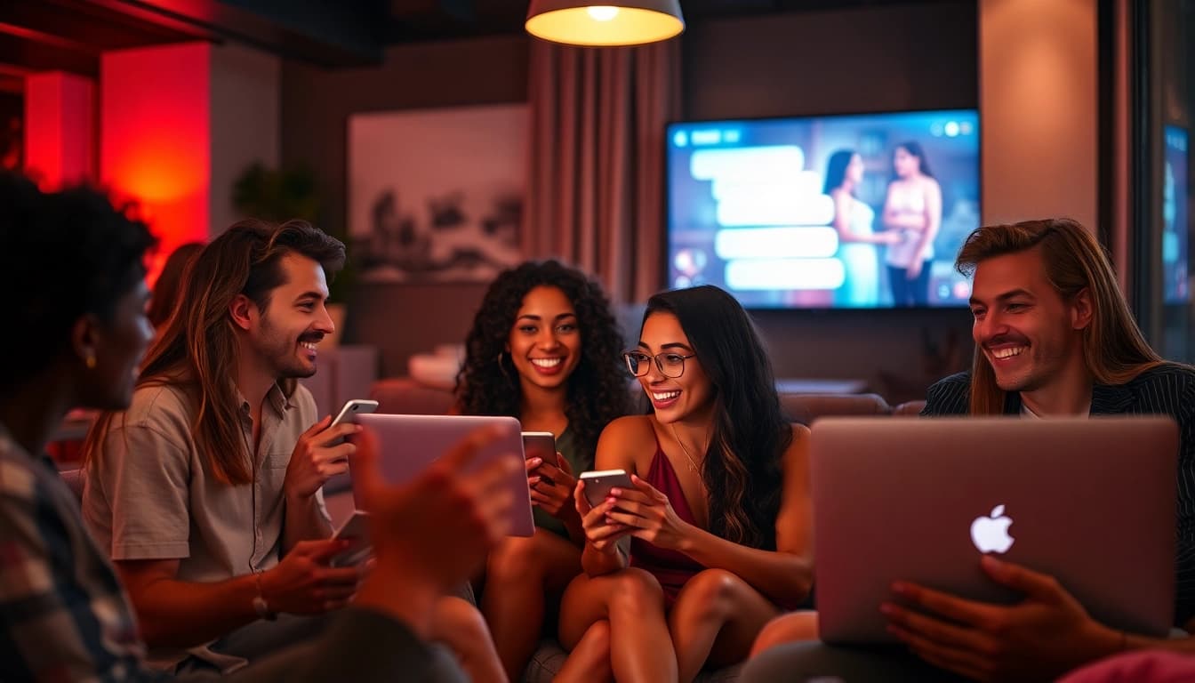Interactive sex chat scene with diverse users engaged on laptops, creating a warm and inviting ambiance.