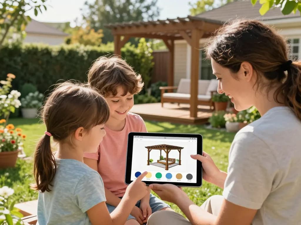 Interaktive Pergola-Konfigurator 3D-Erfahrung für Familien in einem sonnigen Garten.