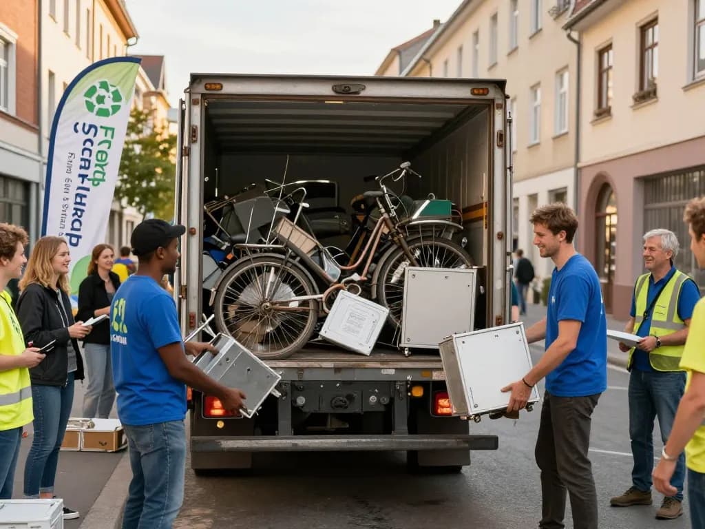 Effizienter Schrottabholungsservice mit freundlichem Team, das Schrottmetalle in einen Lkw in einem städtischen Umfeld lädt