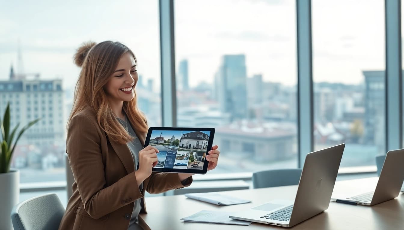 Immobilienmakler Frankfurt Preungesheim zeigt Kunden moderne Immobilien durch digitale Präsentation.