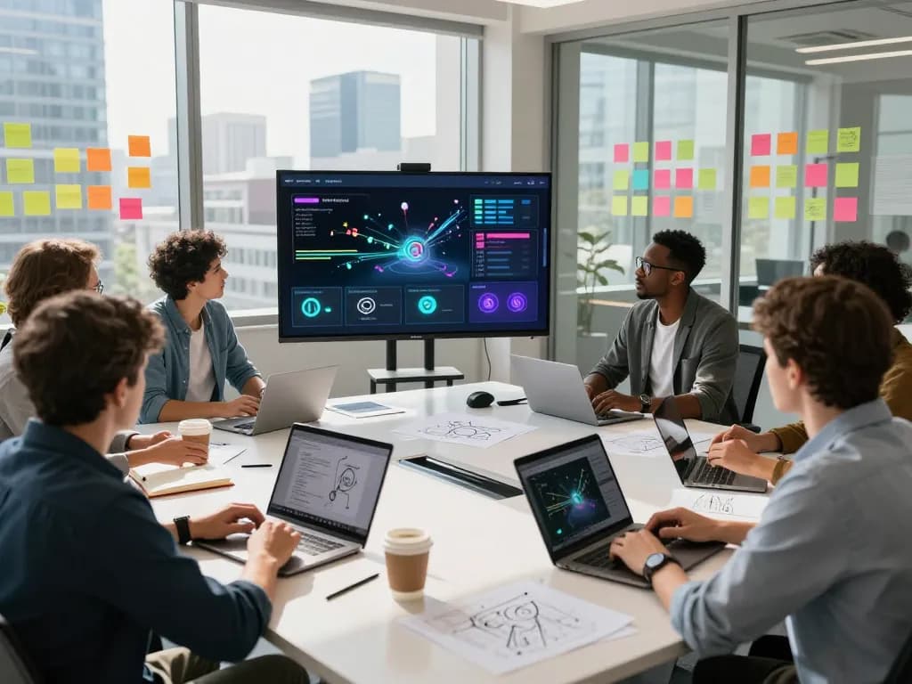 Team collaborating on motion control technology in a modern office
