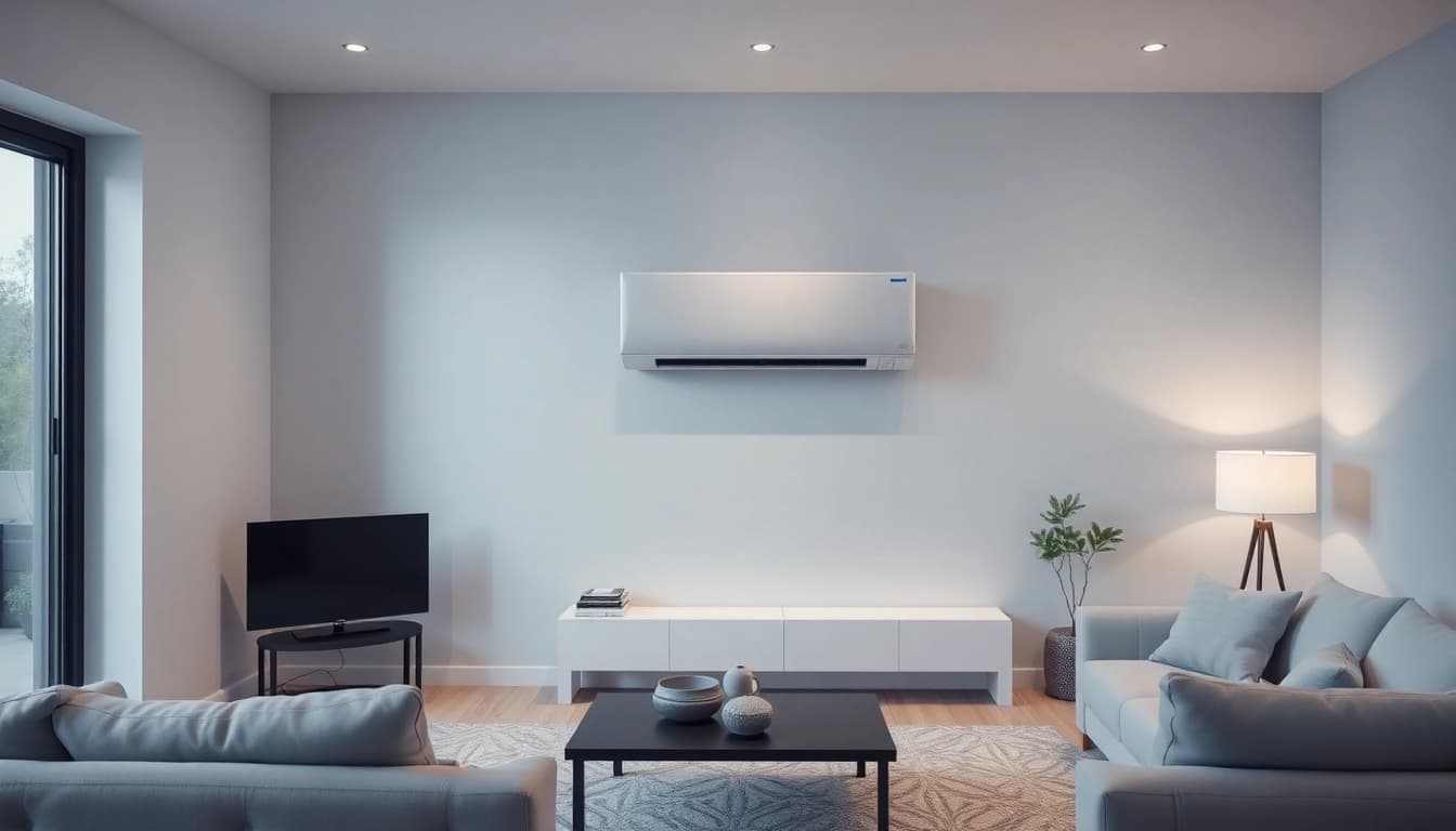 Klimaanlagen sorgen für eine angenehme Raumtemperatur mit elegantem, modernem Design im Wohnzimmer.