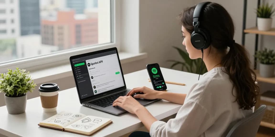 Downloading Spotify Mod APK on a laptop in a modern home office.