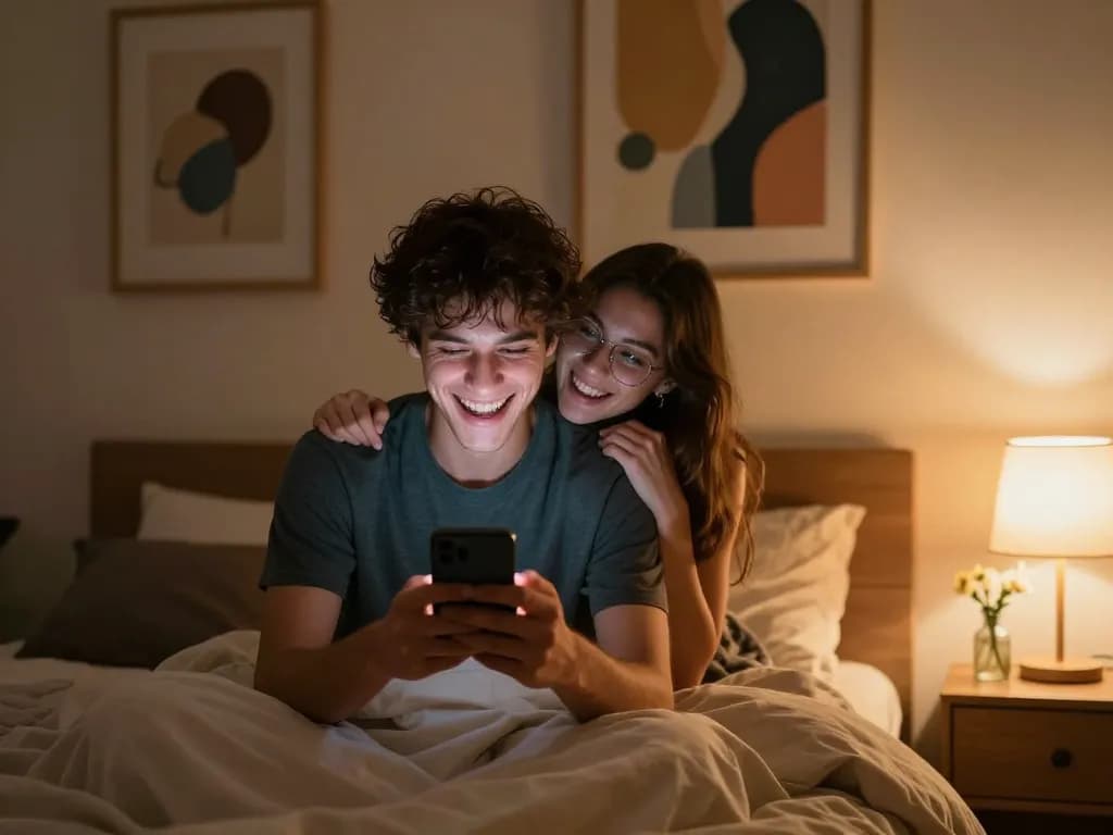Couple enjoying sexting AI interaction in a cozy bedroom, capturing modern intimacy.