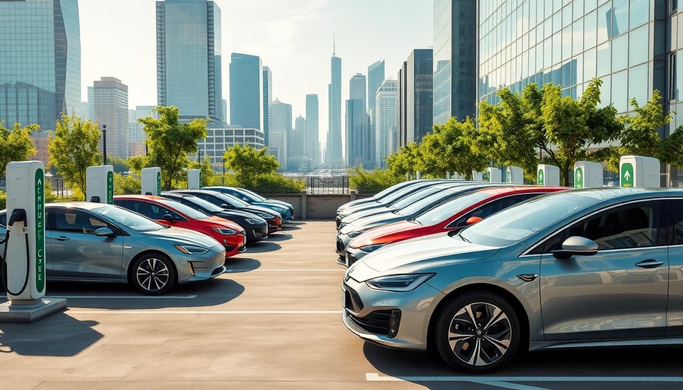 Die Elektroautos an einer modernen Ladestation in der Stadt zeigen umweltfreundliche Mobilität.