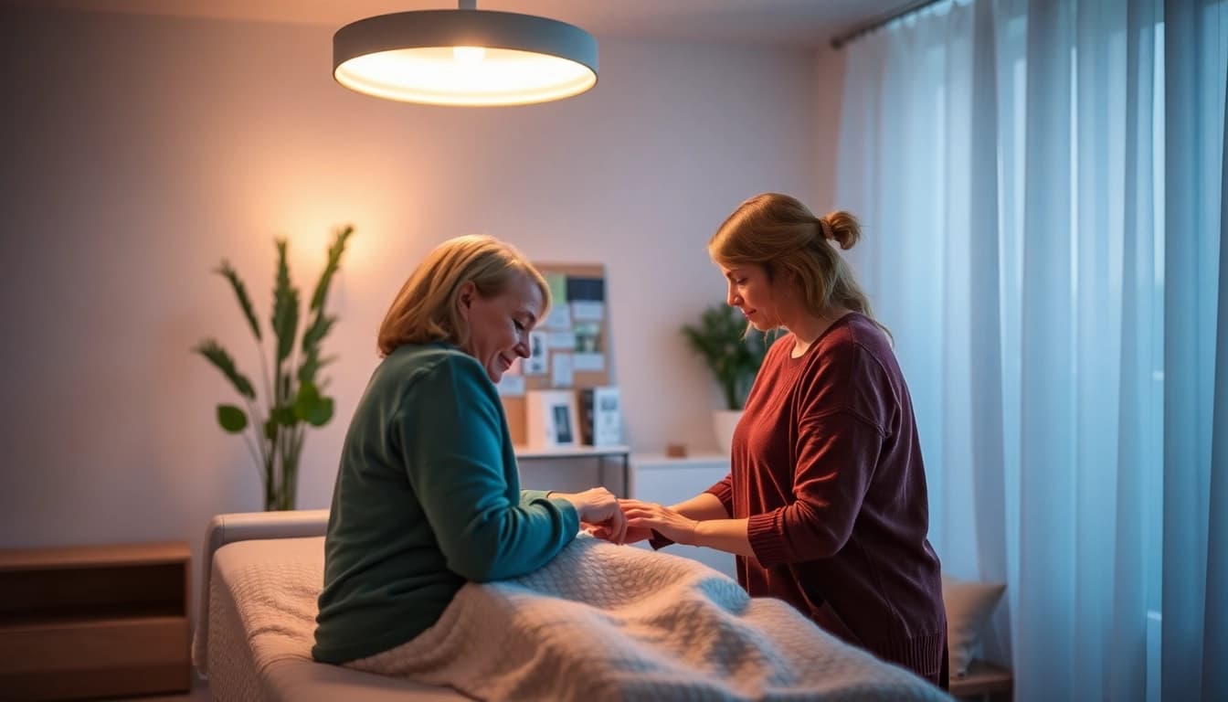 Intensivpflege Hameln: Fachkraft verschafft Geborgenheit während einer pflegerischen Interaktion.