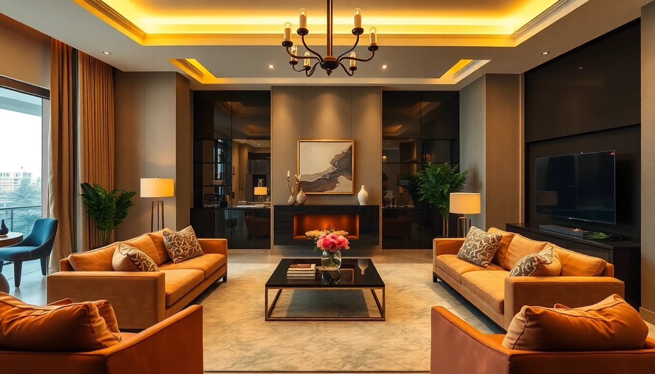 Experience luxury through a modern living room's sophisticated decor and warm atmosphere.