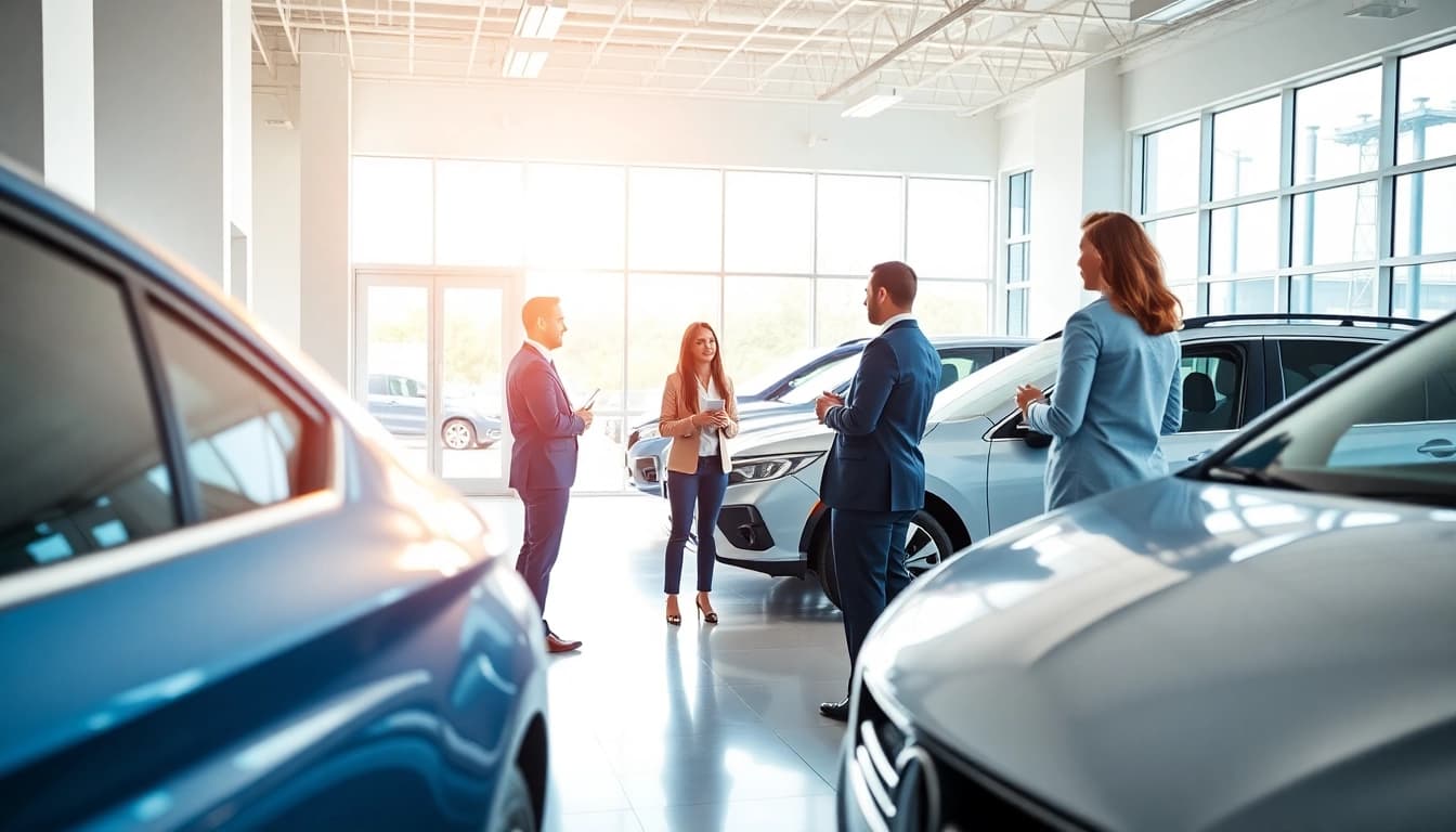 Autoankauf Prozess in einem modernen Autohaus mit freundlichen Beratern und zufriedenen Kunden.