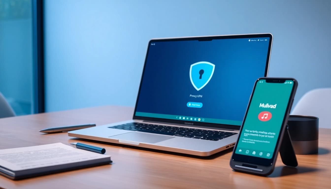 Mullvad VPN interface showcased on a modern laptop in a tech-savvy workspace.