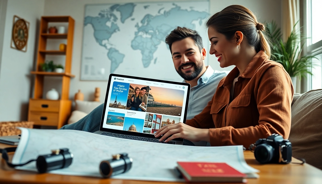 Flug & Hotel Tipps für eine entspannte Urlaubsplanung mit einem Paar am Laptop.