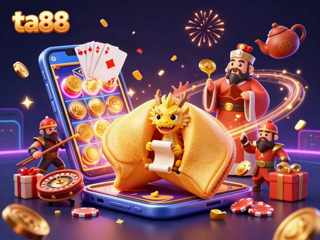 Experience excitement with ta88 in this vibrant 3D illustration of a casino scene with dynamic gambling elements.
