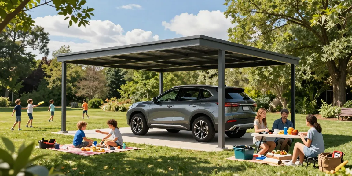 Moderne Carport-Struktur mit SUV und Familie, die ein Picknick genießt