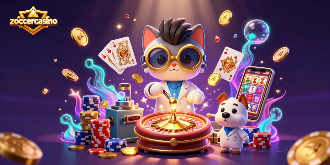 ZoccerCasino showcases a whimsical casino scene with a mad scientist cat and a dog assistant creating golden coins amidst vibrant gaming elements.