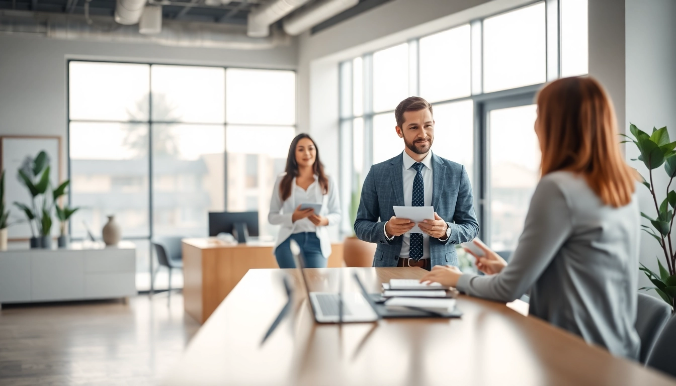 Immobilienmakler Frankfurt Eschersheim bei der Beratung von Kunden in einem modernen Büro.