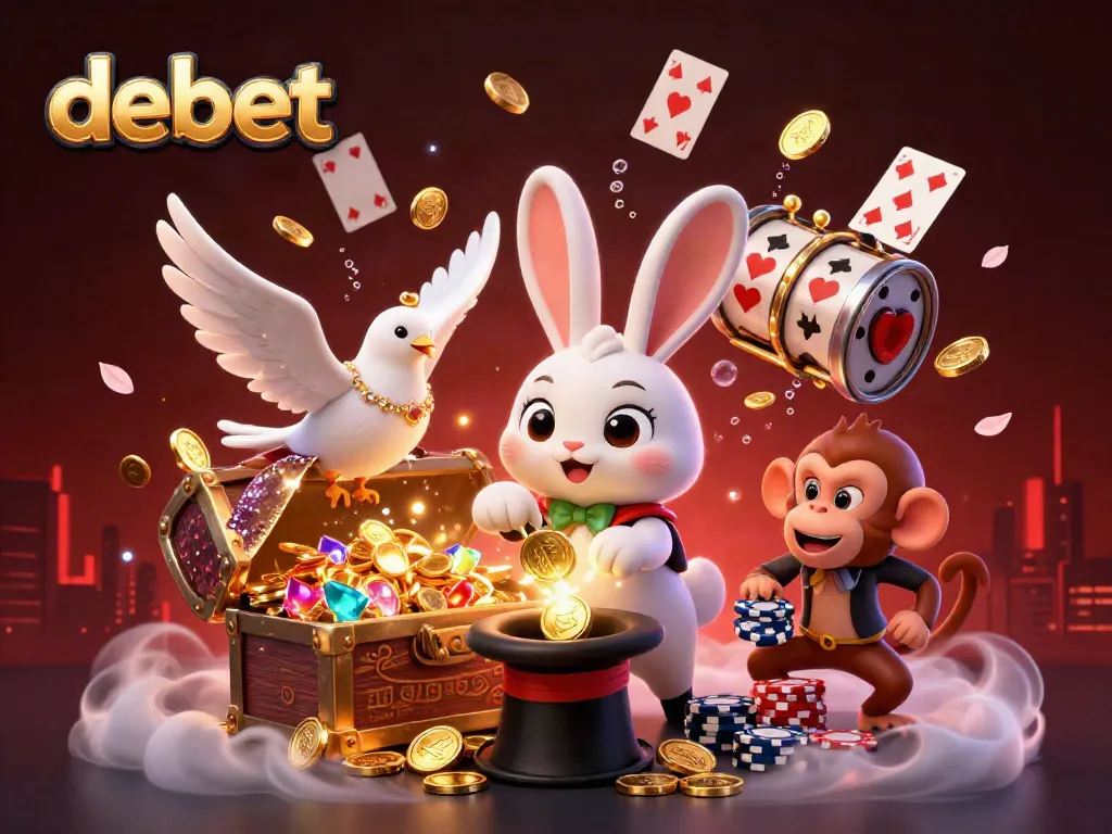 Experience the enchanting debet world with a magician rabbit and playful characters in a casino theme.