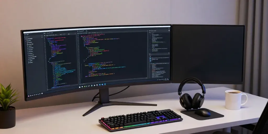 Moderner Entwicklerarbeitsplatz mit innovativer Softwareentwicklung, gg und Cloud-Computing.