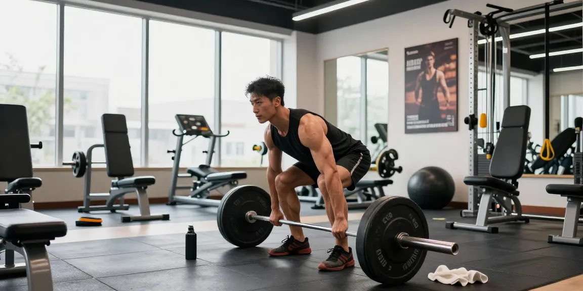 Bodybuilder hebt Gewichte in einem Premium-Fitnesscenter und präsentiert Produkte von Steroidshop für verbesserte Leistung.