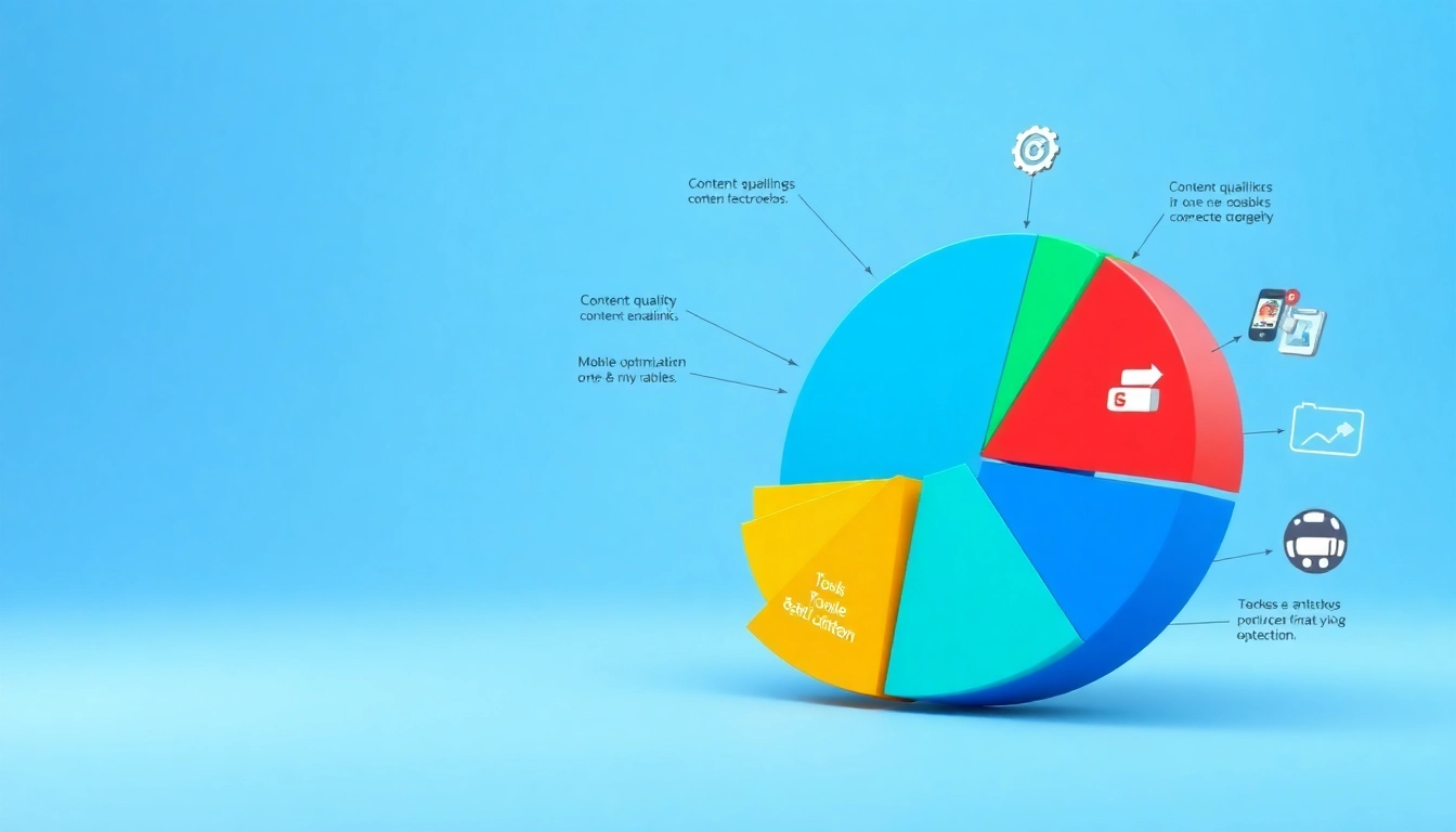 Illustrate effective SEO-Ranking strategies through a detailed infographic showcasing ranking factors and SEO tools.