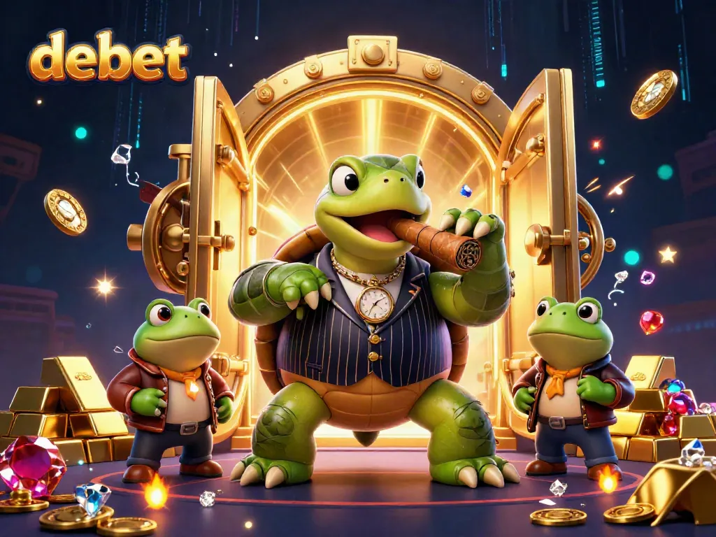 Engage with debet's exciting casino scene featuring a cartoon turtle mobster and frog enforcers.