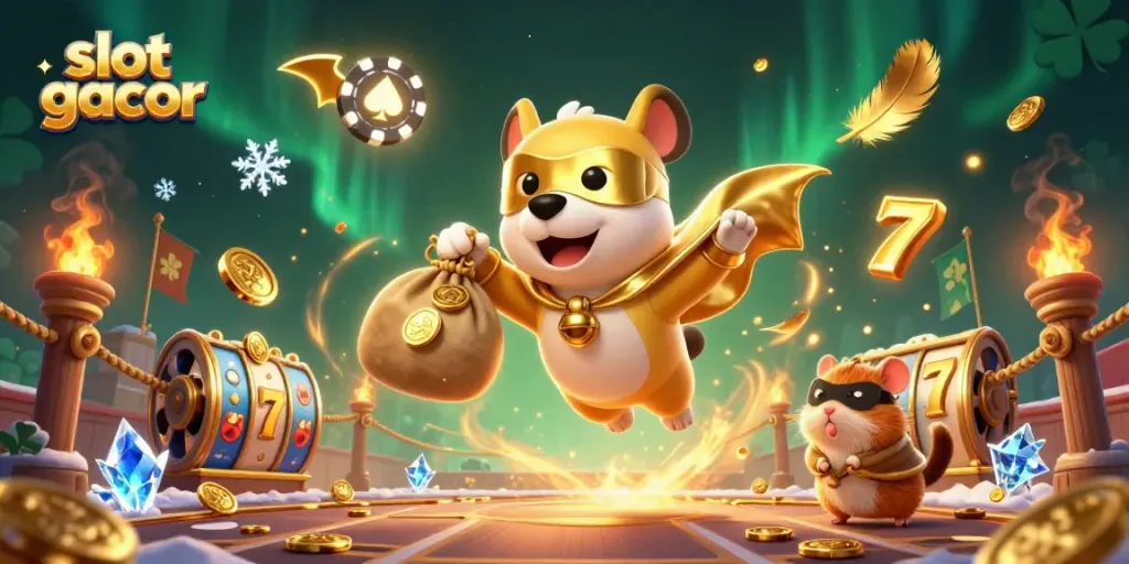 Experience the excitement of slot gacor with this vibrant 3D illustration of a superhero dog and hamster amidst casino elements.