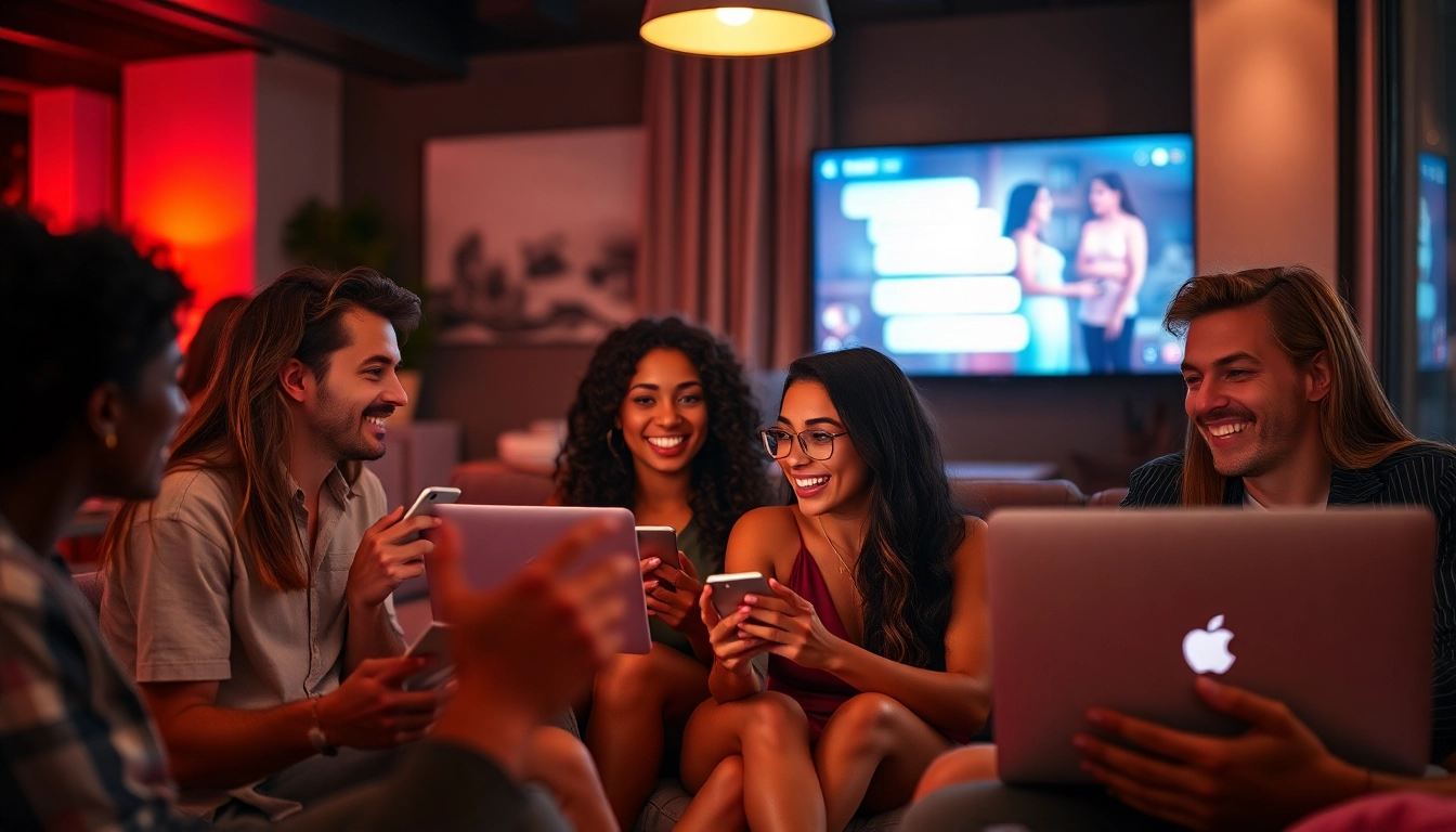 Interactive sex chat scene with diverse users engaged on laptops, creating a warm and inviting ambiance.