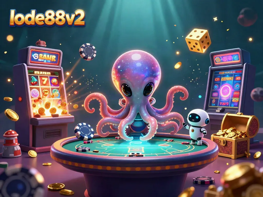 Experience thrilling gameplay with lode88v2 as an alien octopus interacts at a holographic poker table amidst dazzling casino elements.