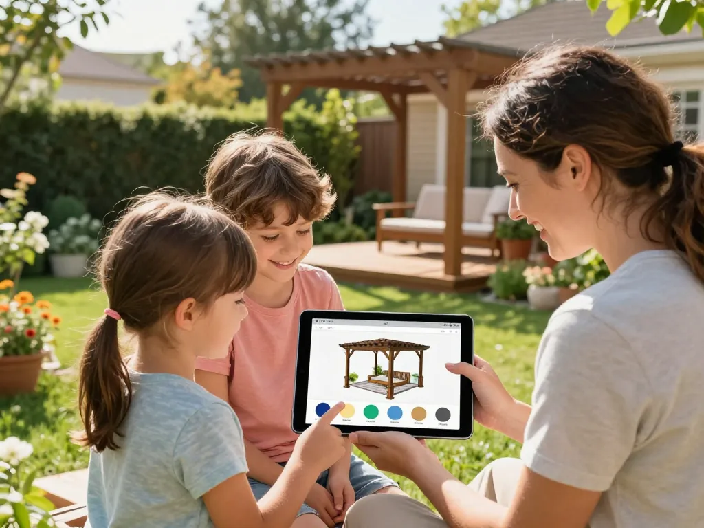 Interaktive Pergola-Konfigurator 3D-Erfahrung für Familien in einem sonnigen Garten.