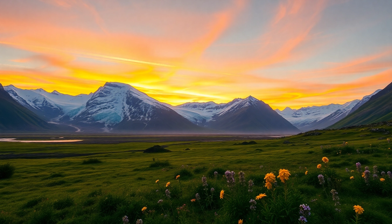 Entdecken Sie die landschaftliche Schönheit von Island mit dieser beeindruckenden Darstellung einer Reise nach Island, die Gletscher und Wasserfälle zeigt.