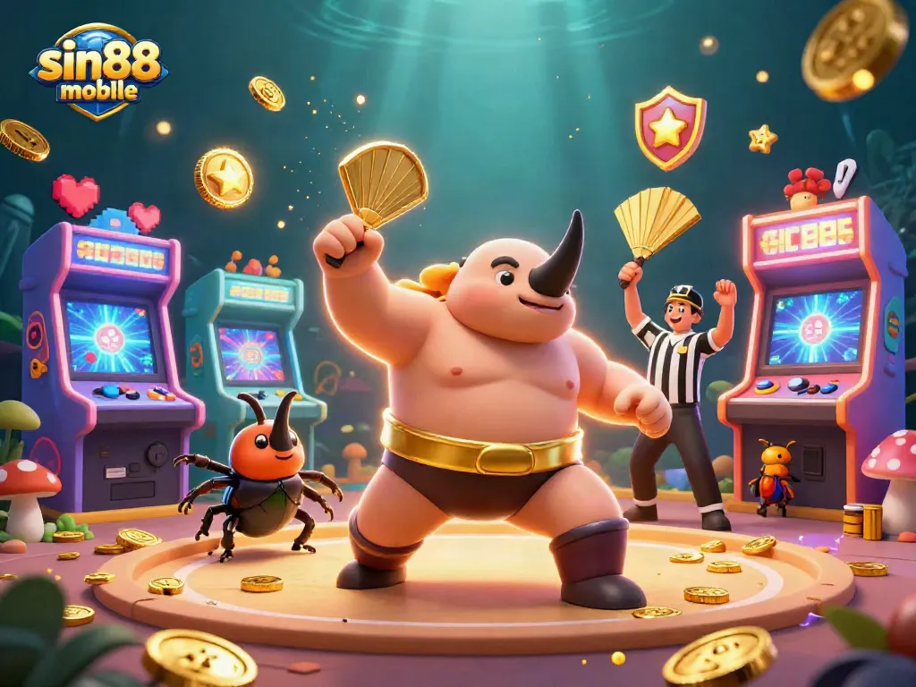 Experience thrilling gameplay at sin88-mobile with a dynamic illustration of a sumo champion beetle celebrating wins.