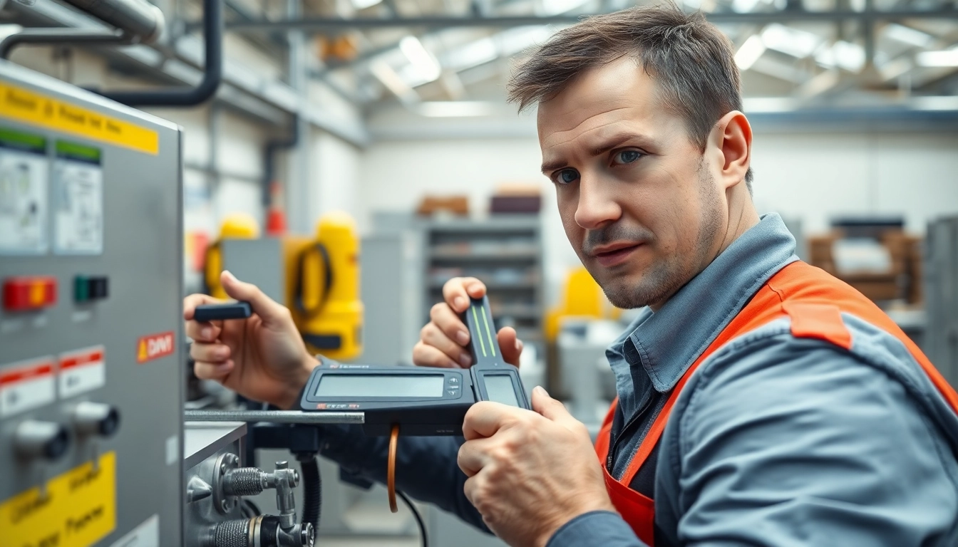 DGUV V3 Prüfung durch einen Techniker in einer hellen Werkstatt durchführen.