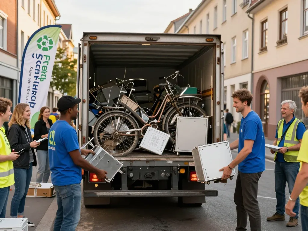 Effizienter Schrottabholungsservice mit freundlichem Team, das Schrottmetalle in einen Lkw in einem städtischen Umfeld lädt