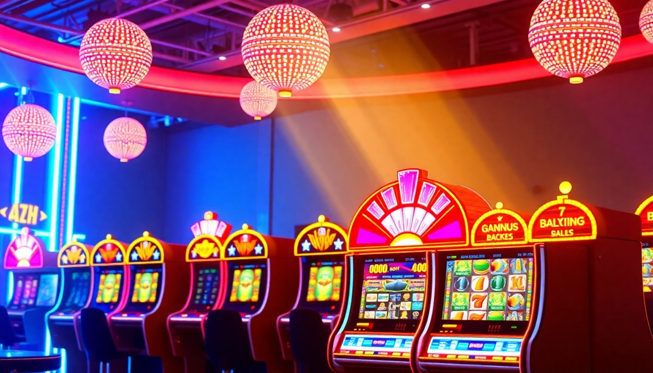Erlebe aufregende Spiele im casino ohne oasis mit bunten Spielautomaten und strahlenden Neonlichtern.