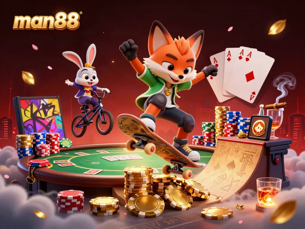 Witness the thrills of man88 gambling as cartoon characters navigate a colorful casino scene filled with poker elements.