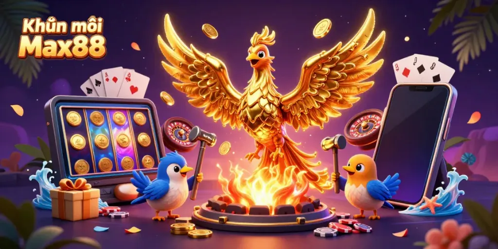 Engage with Khuyến mãi Max88 through a vibrant 3D casino scene featuring a golden phoenix and gaming elements.