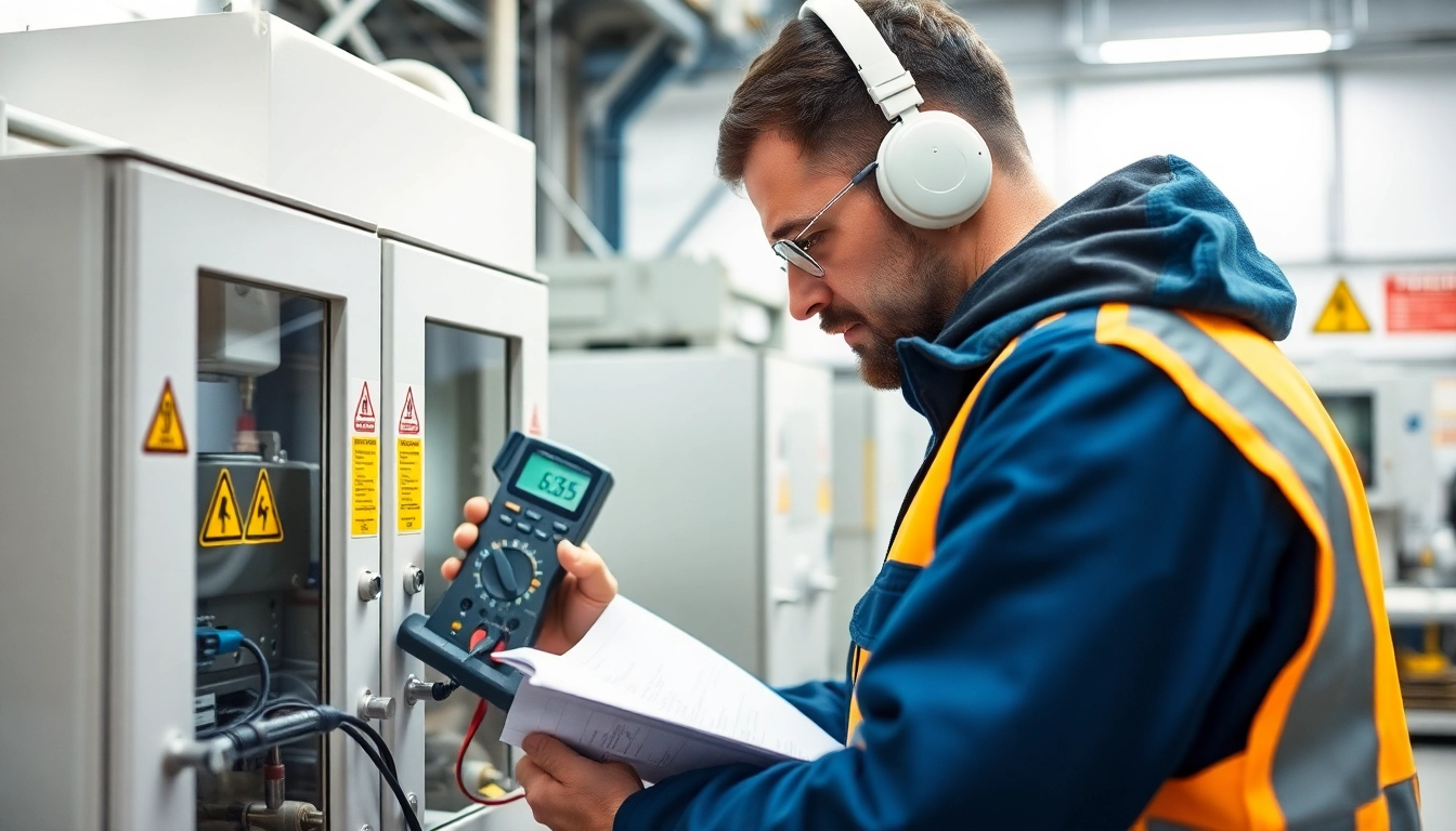 Techniker bei der DGUV V3 Prüfung von Maschinen in einem industriellen Umfeld.