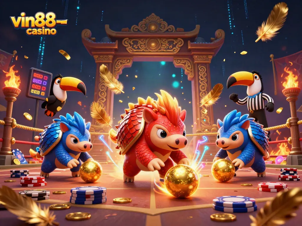 A thrilling scene from vin88-casino with pangolins in armor rolling through poker chips amid glowing effects and a toucan referee.