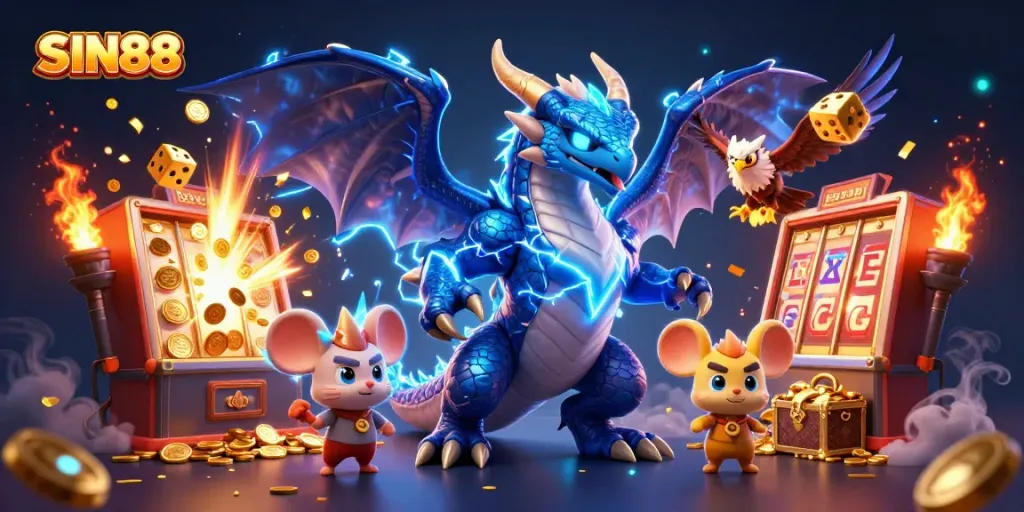 Experience thrilling wins with SIN88 through a dynamic 3D casino scene featuring magical characters and jackpot elements.