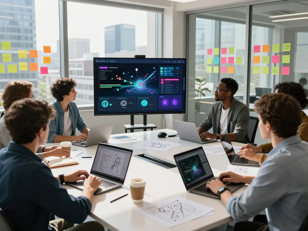 Team collaborating on motion control technology in a modern office
