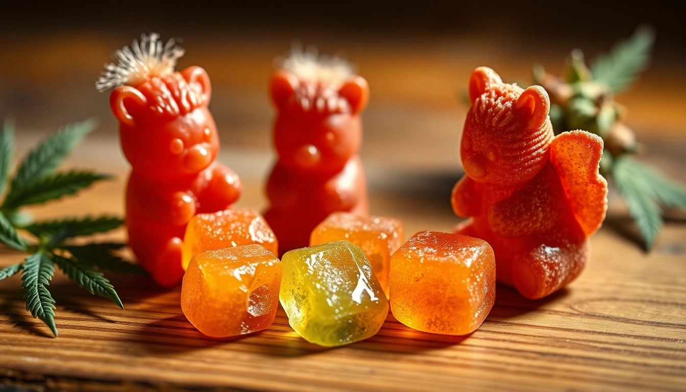 Genieße leckere edibles gummibärchen mit unterschiedlichen Farben und Formen, die appetitlich angerichtet sind.