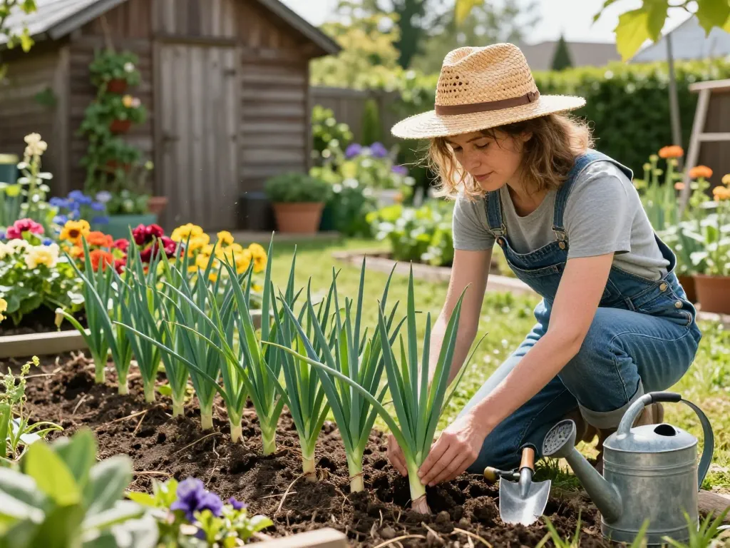 Lauch pflanzen kaufen in a home garden with vibrant leek plants growing beside colorful flowers.