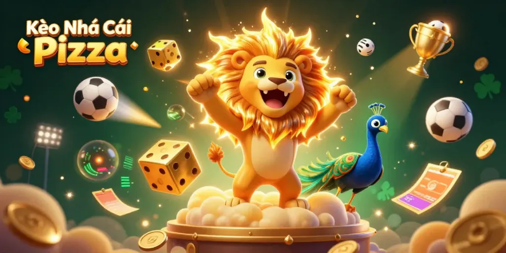 Bet on Kèo Nhà Cái Pizza featuring a roaring sun lion amidst dynamic sports betting elements.