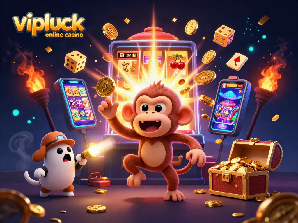 Track the golden fun at vipluck online casino with a playful poltergeist monkey and curious puppy.