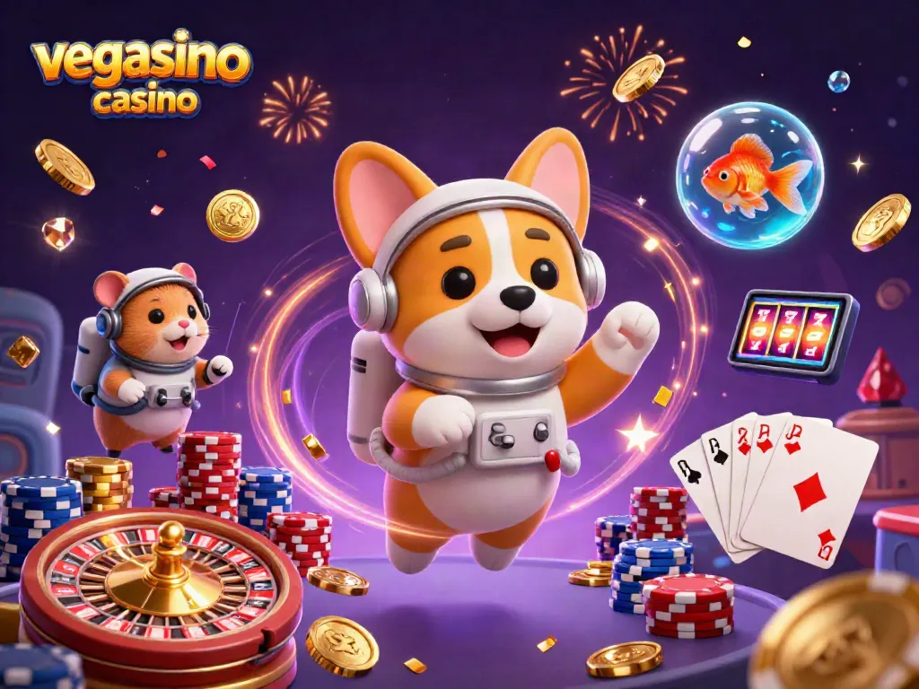 Engage with the excitement at vegasino casino through a 3D cosmic gaming scene filled with dazzling coins and vibrant characters.