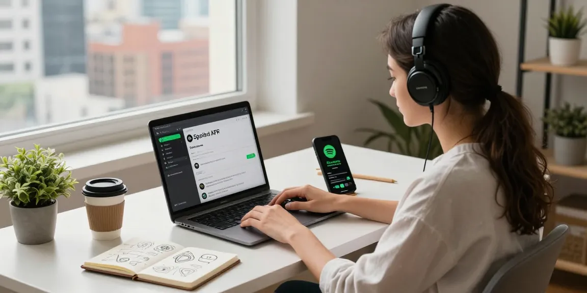 Downloading Spotify Mod APK on a laptop in a modern home office.