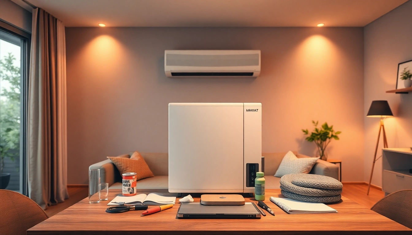 Klimaanlage installieren: Fachmann bei der Montage einer modernen Klimaanlage in einem hellen Wohnraum beobachten.