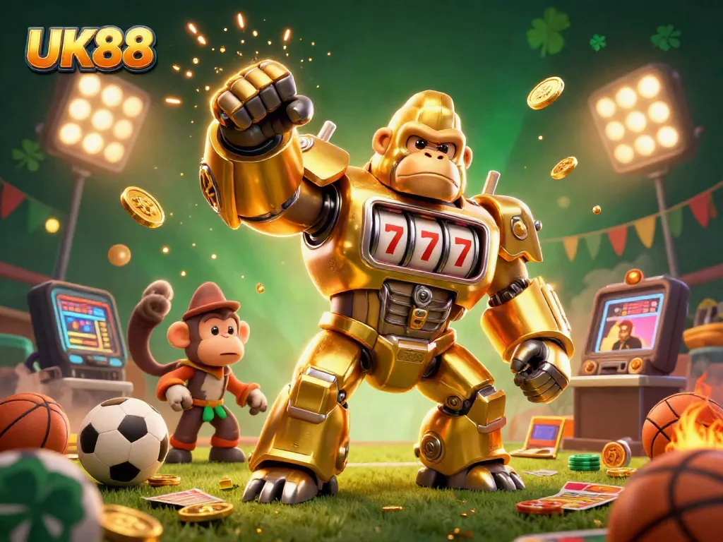 Experience thrilling sports betting excitement with UK88's dynamic golden gorilla mech in action.