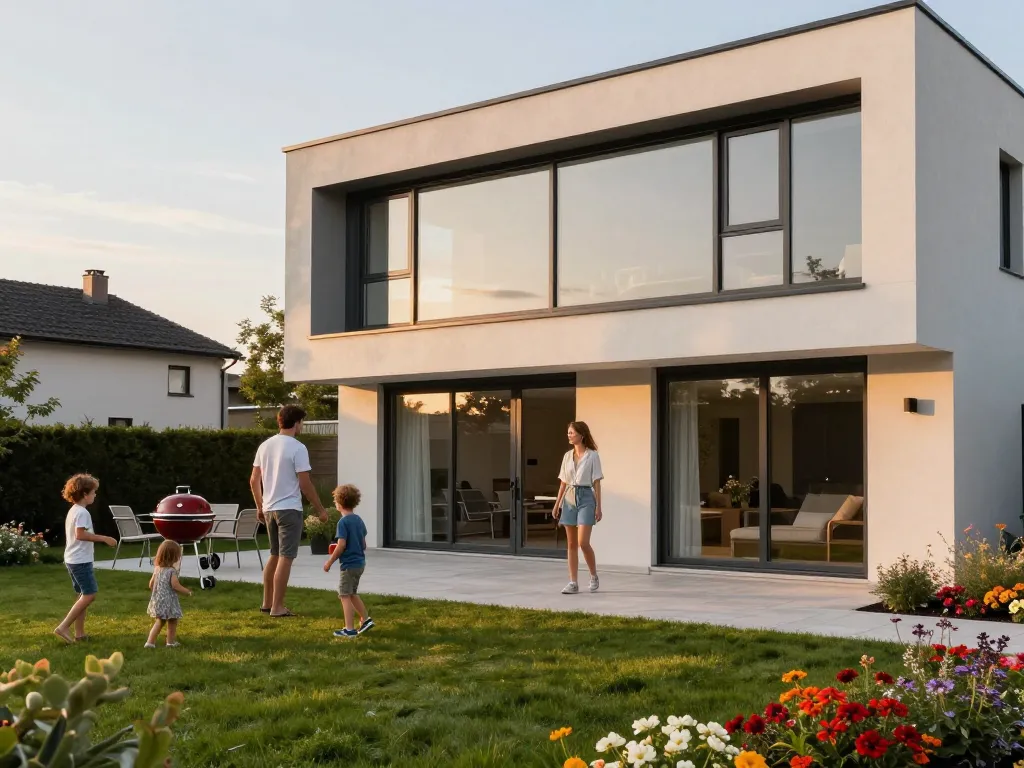 Schönes modernes Zuhause mit fenster schüco Fenstern, Familie genießt das Leben im Freien.