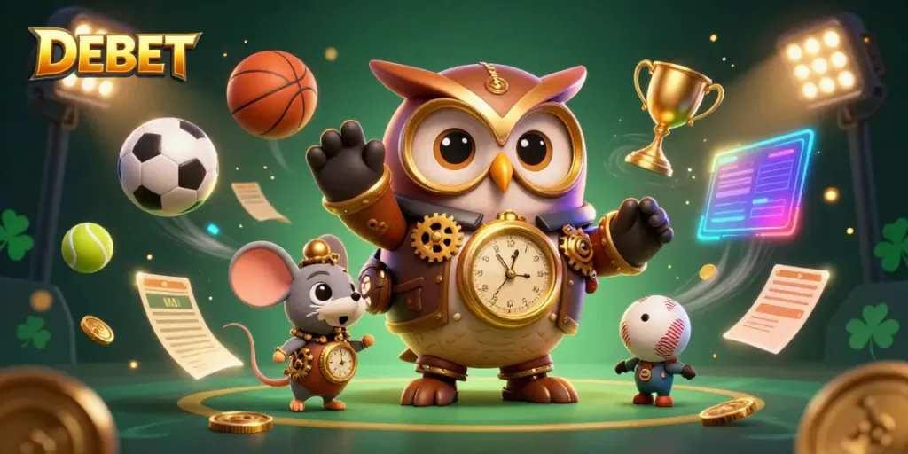 Experience DEBET's thrilling sports betting adventure with a steampunk owl and clockwork mouse.